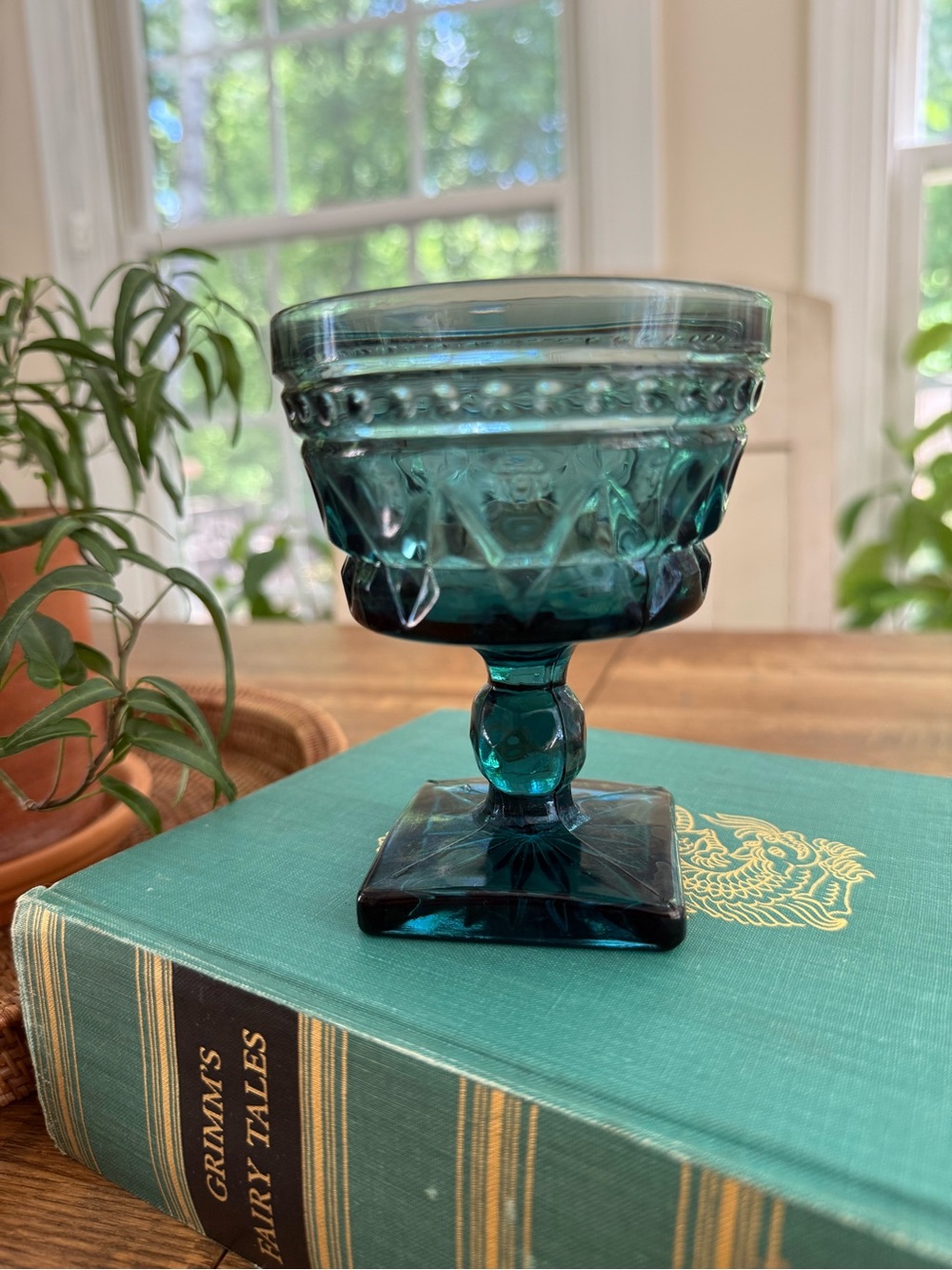 Vintage Indiana Glass Smoky Deep Teal Pressed Glass Goblet